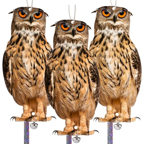 Kungfu Mall Owl to Keep Birds Away, 3 Pack Bird Scare Owl Fake Owl, Reflective Hanging Bird Decoration, Dual-Side Printed Owl to Keep Birds Pigeon Away from Patio Garden