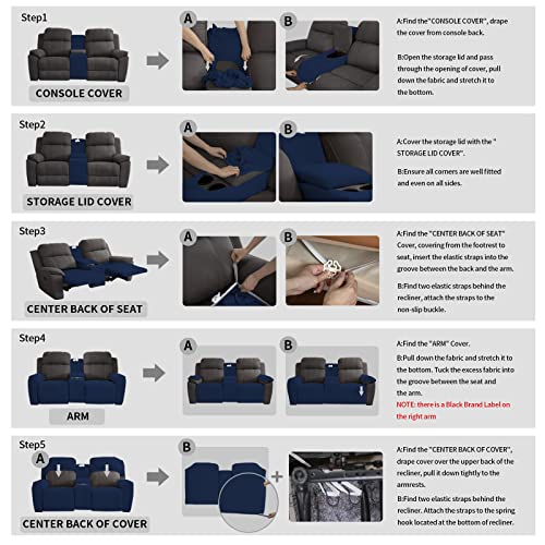Image of Easy-Going Stretch Recliner Loveseat Cover with Center Console Sofa Slipcover Soft Fitted Fleece 2 Seats Couch with Cup Holder and Storage Washable Furniture Protector Navy