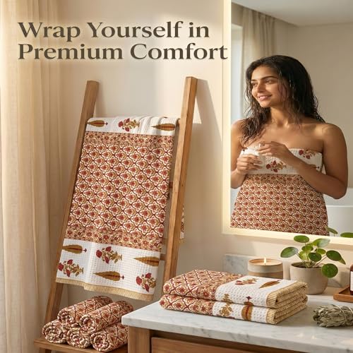 Image of Mafatlal Madhuban Waffle Bath & Hand Set (1 Bath 147x76 cm + 2 Hand 76x38 cm) | 250 GSM | Quick Dry & Lightweight | Daisy