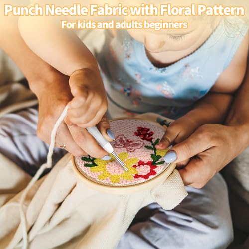 Image of Mowouhn Punch Needle Kit for Adults Beginner,Floral Leaf Punch Needle Embroidery Starter Kits,Include Instructions, Pattern, Yarns,Embroidery Hoops for Handmade Crafts White Elephant Gifts DIY