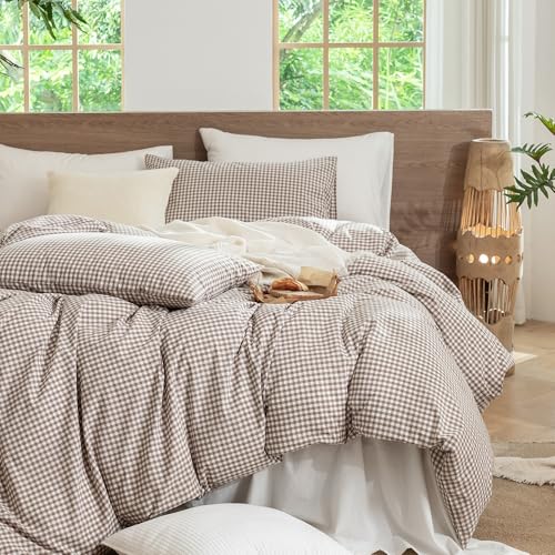 Image of MooMee Gingham Duvet Cover Set 100% Washed Cotton Linen Like Textured Breathable Durable Soft Comfy Modern Checkered Design (Mini Gingham Brown, Queen 90 inchx90 inch)
