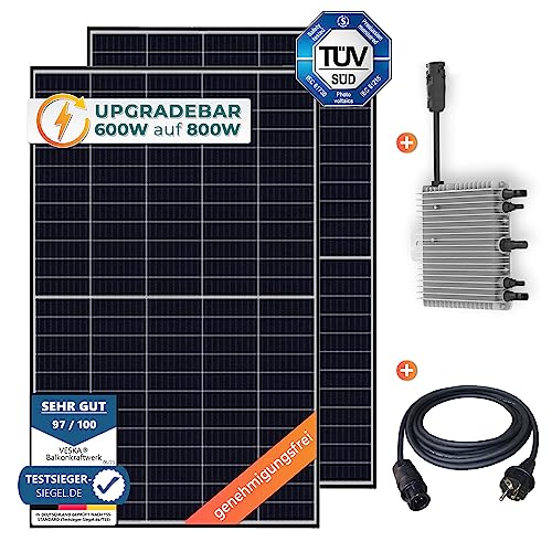 Balkonkraftwerk 830 W / 600 W Solaranlage Steckerfertig Upgradebar auf 800 Watt WiFi Smarte Mini-PV Photovoltaik Anlage genehmigungsfrei, Schwarz (BKW-830/600)