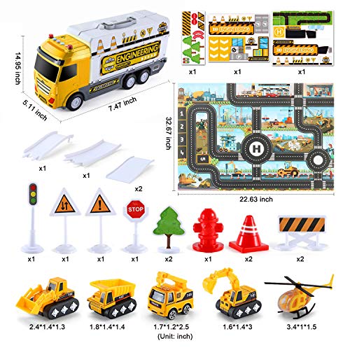 Dwi Dowellin Construction Truck Toys and Play Mat | Multifunction Scenestorage Truck with Sounds and Lights | Die-cast Vehicle Car Toys Set | Birthday Gift Toys for Boys 3,4,5,6,7 Year Olds - Thumbnail 6