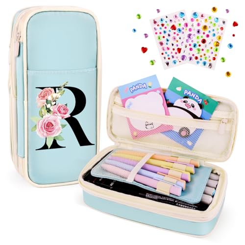 Image of Preppy Pencil Case for Girls, Cute Large Pencil Pouch, Personalized Initial Pencil Bag with Zipper for School College Office Supplies, Back to School Supplies Gifts for Teen Girls (R, Blue)