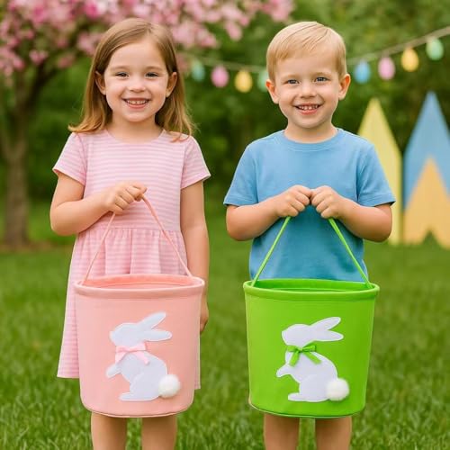 Image of 2 Pcs Embroidered Easter Basket with Handle for Egg Hunts, Easter Gifts, Easter Egg Collection, Gift (Pink and Blue)