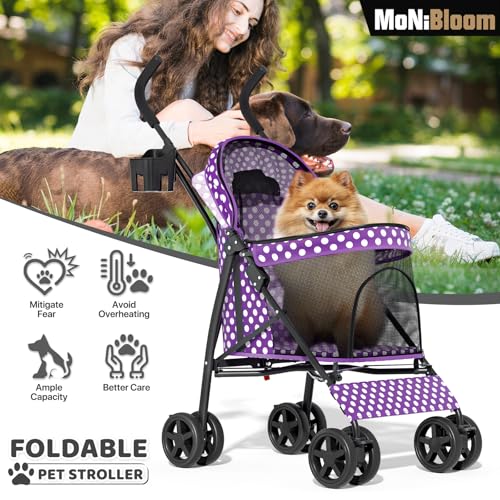 Image of MoNiBloom 4 Wheels Pet Stroller, Easy-Fold Umbrella Shaped Dog Cat Jogger Stroller w /Storage Bag & Visible Mesh for Small /Medium Dogs Cats Purple Polka Dots