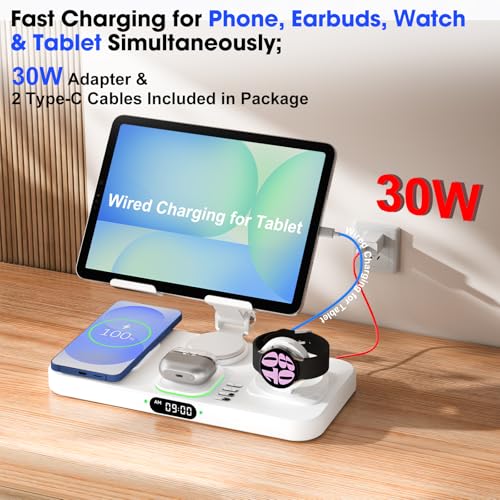 Image of 30W Tablet Wireless Charger for Samsung, Foldable Android Charging Station with Clock Display with 7-Color Light, Wireless Watch Charger for S25, Only Compatible Samsung Watch, Galaxy Buds3 Pro(White)