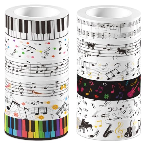 CRASPIRE 12 rollo de Cinta Adhesiva con Notas Musicales Color Blanco Y Negro para Guitarra Piano Notas Musicales Teclas Ritmo Cinta Adhesiva Decorativa de Papel Washi para Álbumes de Recortes Diarios