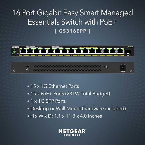 Image of NETGEAR 16-Port PoE Gigabit Ethernet Easy Smart Managed Essentials Switch (GS316EPP) - with 15 x PoE+ @ 231W, 1 x 1G SFP Port, Desktop or Wall Mount (Pack of 6)