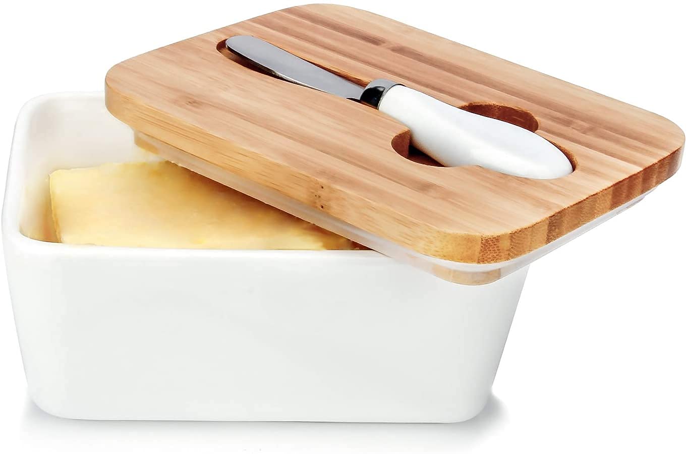 HEDRIX Butter Dishes Box Premium Quality Elite Range Heavy Fine Porcelain Butter Box,Butter Dish with Wooden Top Cover,Lid with a Knife (White) 2