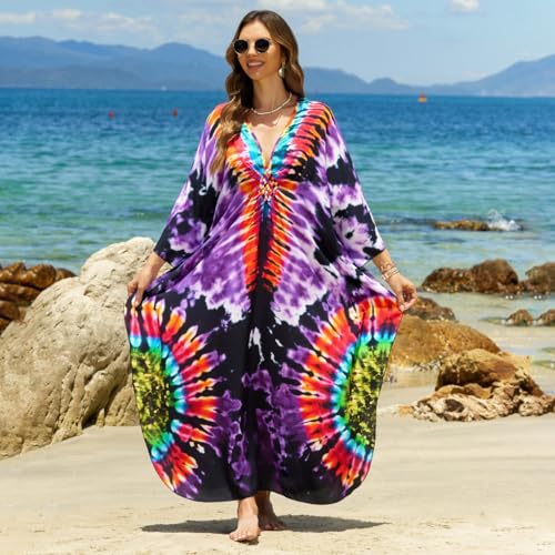 Image of IMAGEKOPE Women's Plus Size Animal Print V-Neck Batwing Kaftan Beach Dress Bathing Suit Cover-Up Loungewear
