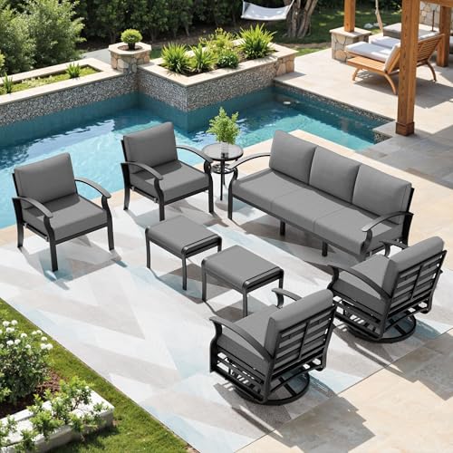 Image of Patio Furniture Set 9-Seat Aluminum Armrest Sofa, Aluminum Outdoor Furniture with 2 Swivel Chairs, 5 inch Cushions, Outdoor Sectional with High Backrest & 2 Footstools for Backyard, Poolside - Grey
