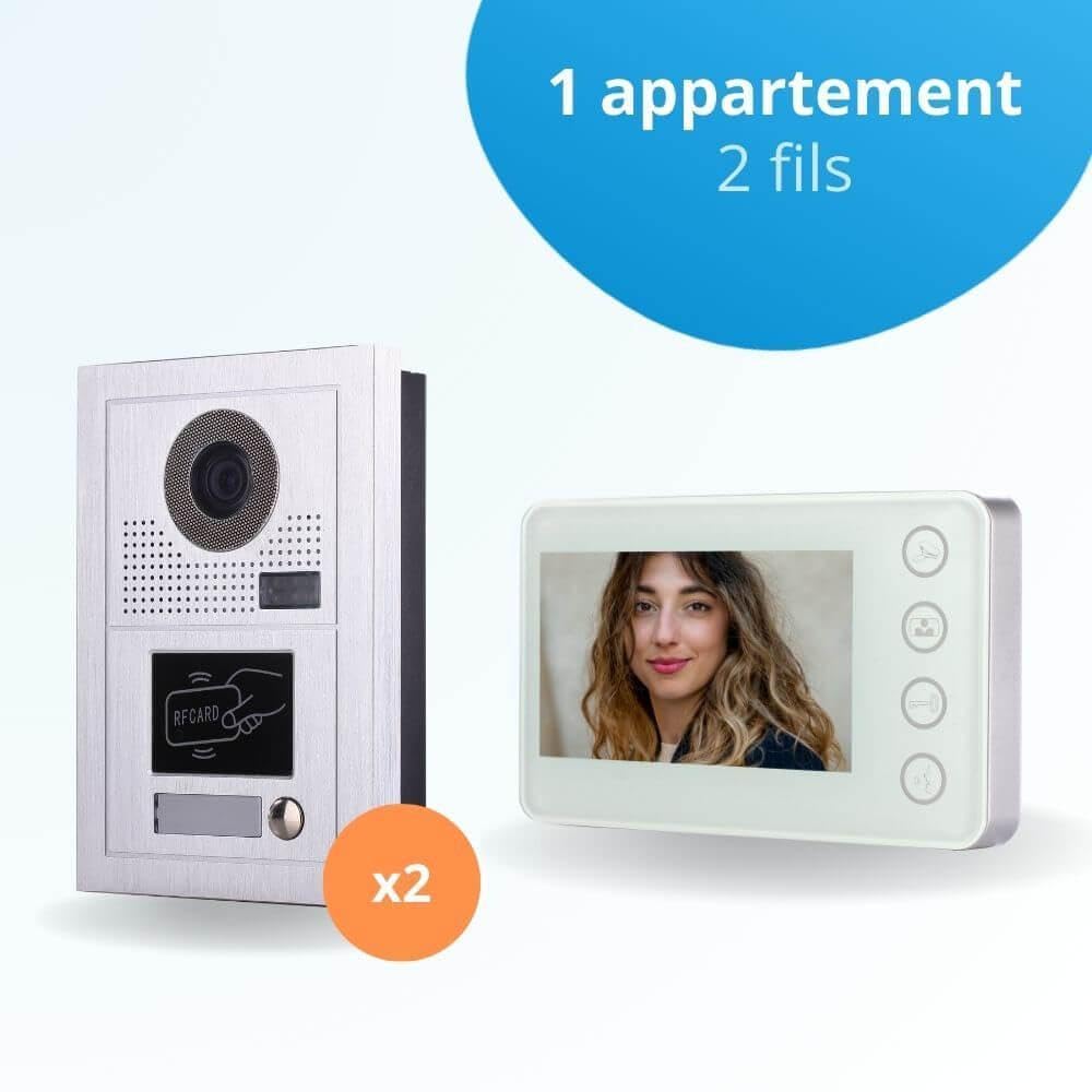 Portier interphone vidéo Modern 2 Fils pour 2 entrées - 1 Appartement - 2 platines - 1 écran Blanc - avec Lecteur de Badge