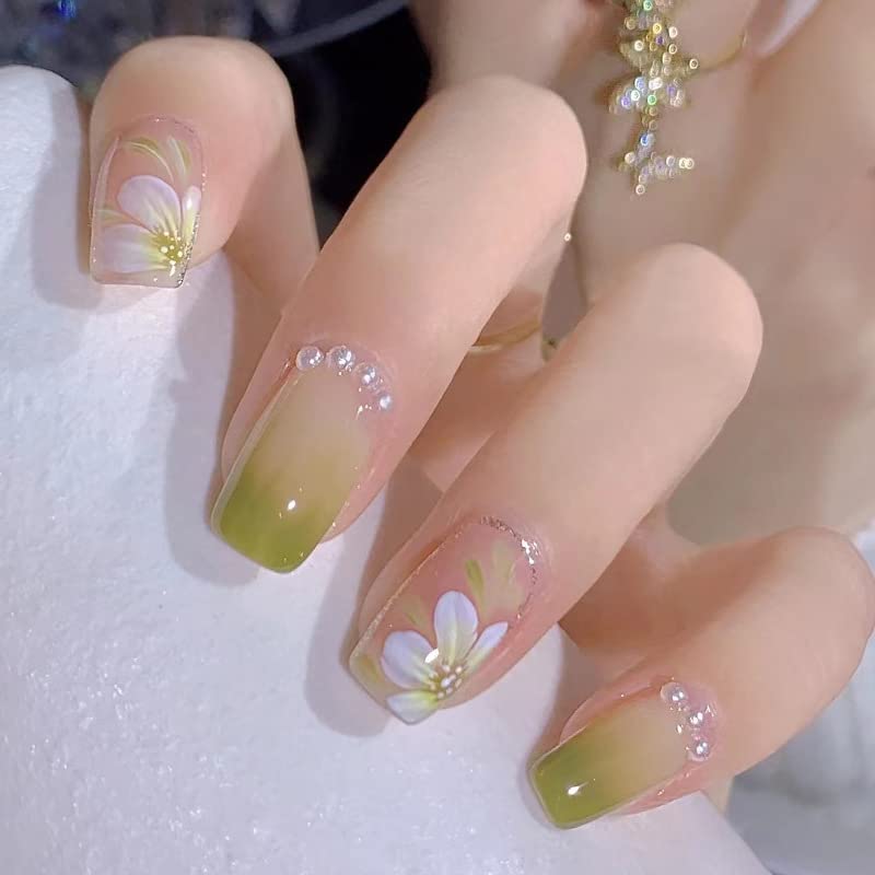 Elegant Green Gradient Floral Design Pearl Square Nails | Artificial Nail Extension | Long Lasting Glossy Finish | 24 Pcs Set Trendy Nail Art Set For Salon Look At Home-image-22