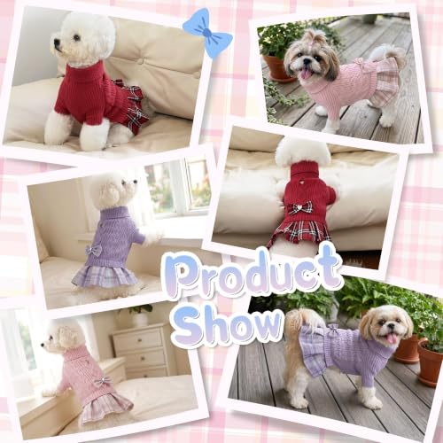 Image of YUDODO Small Dog Sweater Dress with Bowtie Turtleneck Knitted Pet Clothes