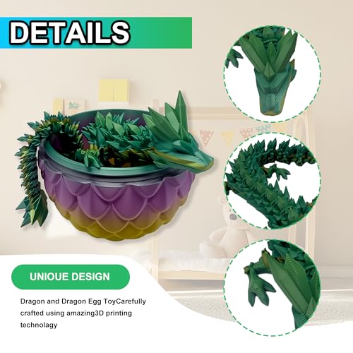 3D Printed Dragon Egg with Articulated Dragon Inside, Fidget Toys for Adults Stress Relief, Unique Home Office Desk Decor Crystal Easter Basket Stuffers (Random)