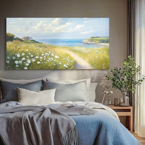 SERIMINO Seaside Nature Large Wall Art, Coastal Landscape Big Canvas Prints, Meadow Wildflowers Pictures Wall Decor, Sunny Scenery Home Decorations for Living Room Bedroom Farmhouse Cottage 30"X60"