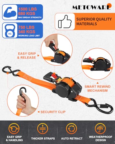 Image of METOWARE Retractable Ratchet Straps (2-Pack) - 1 in x 10 Ft (1500lb Break Strength) - Heavy Duty Auto Self Retracting Tie Down Straps for Truck, Trailer, Cargo Van, Motorcycle - Orange