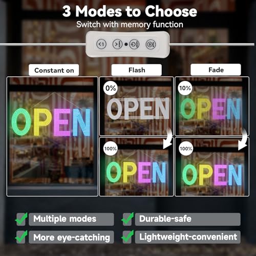 Image of LED Open Signs for Business,40 inchL x 14 inchW Large Open Sign LED with 3 Scene Modes, Ultra Bright Adjustable Light Up Bar Sign for Storefront Window Glass Door Shop Store Salon Cafes Restaurant (Green-Yellow-Pink-Blue)