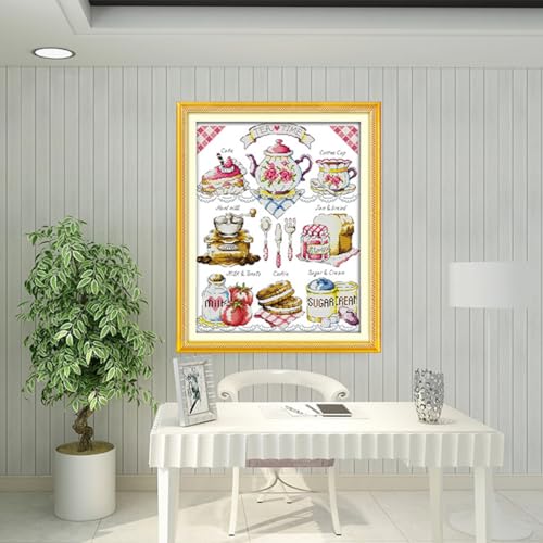 Image of Rosyfoxes Cross Stitch Kits Stamped Full Range of Embroidery Starter Kits for Beginners DIY 11CT 3 Strands - Printed kit Tea Time (2)(Printed) 18.1x22 inches