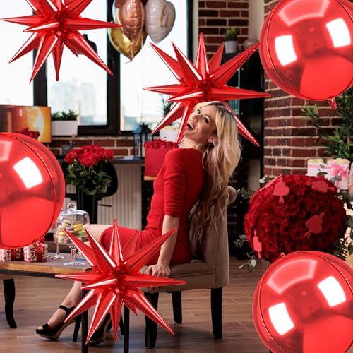 Image of 6pcs 22 inch Red Star Balloons and Red 4D Large Foil Balloons, Foil Star Balloon 4D Aluminum Balloon For Birthday Baby Shower Party Wedding Valentine's Day Christmas Graduation Anniversary New Year