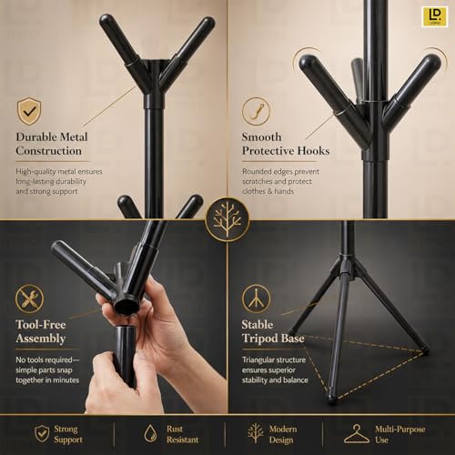 Image of LEOPAX 9 Hook Coat Hanger Stand for Clothes, Bags, Hats & Umbrellas | Freestanding Tree Coat Rack | Modern Standing Garment Organizer for Living Room, Bedroom, Office - Black