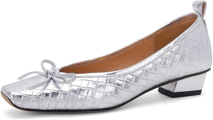TinaCus Embossed Genuine Leather Women's Square Toe Handmade Bowtie Low Chunky Heels Casual Loafers Shoes