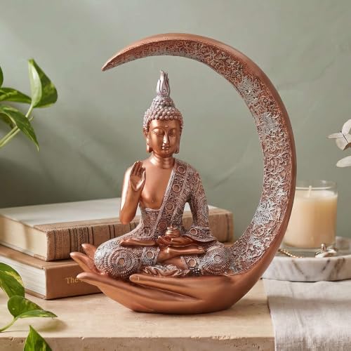 Image of Antique Big Meditating Moon Buddha Statue Showpiece for Home Decor - Living Room - House Warming - Office - Gifting - Buddha Idol Polyresin Decorative Figurine (9 Inch / 23 cm, Gold, Silver)