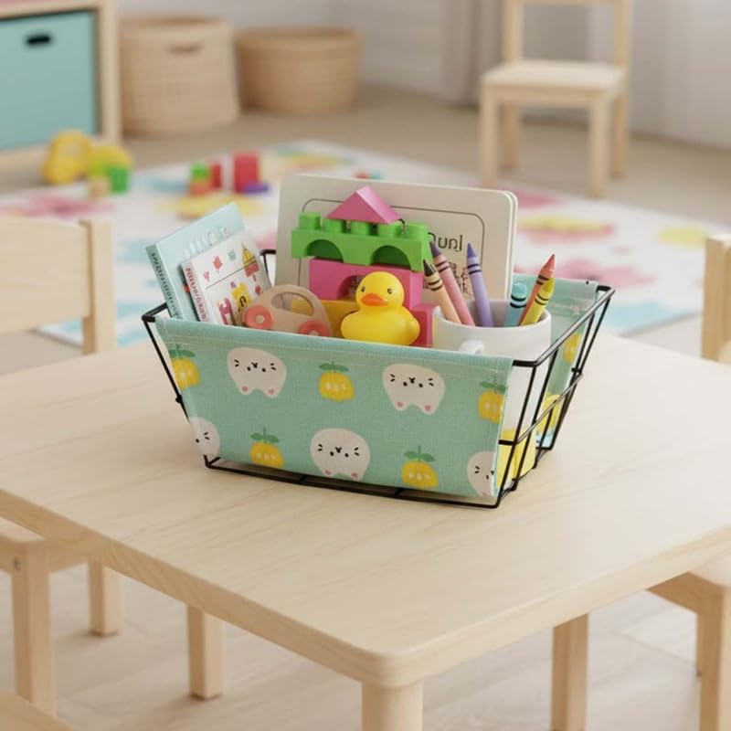 Image of Go Hooked Metal Storage Basket with Removable Fabric Liner | Mint Green Cat & Flower Print Multipurpose Organizer for Home, Bathroom, Study Desk | Decorative Wire Basket for Toys, Fruits, Snacks