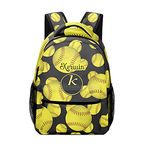 Yellow Softball Personalized School Backpack for Kid-Boy /Girl Primary Daypack Travel Bookbag, 12.2 inch (L)x5.9 inch (W)x16.5 inch (H) (K10255)