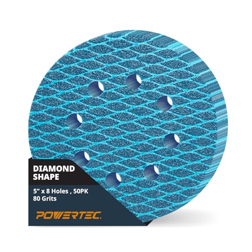 Image of POWERTEC 5 Inch 8-Hole Hook and Loop Diamond Shaped Sanding Discs, 50PK, 80 Grit for Random Orbital Sanders - J-Weight Cloth Backing for Long Life, Anti-Clog Sandpaper (44908)