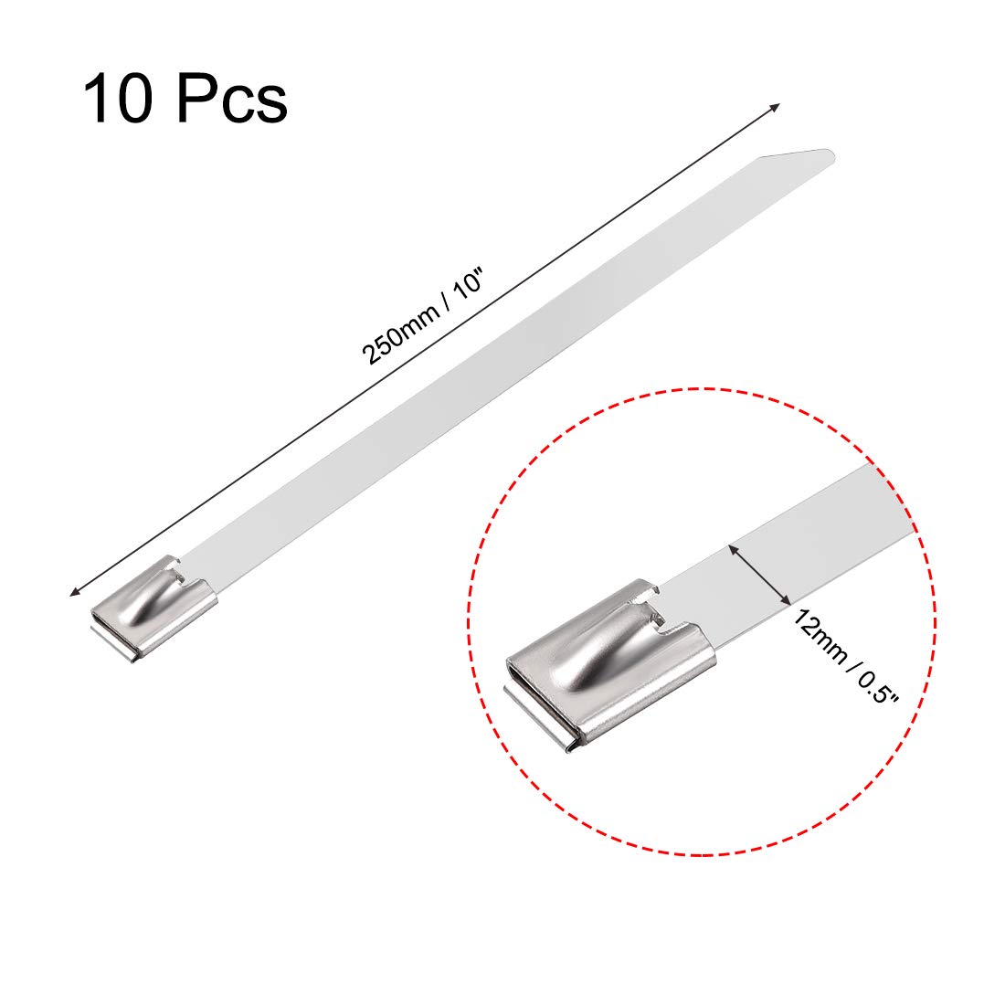uxcell 250mmx12mm Stainless Steel Cable Zip Ties Metal Exhaust Wrap 10pcs