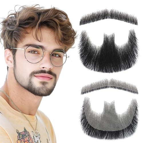 Fake Mustache and Fake Beard Natural Realistic 100% Human Hair Hand Tied Goatee False Beards with Invisible Lace Costume Facial Hair for Men Cosplay Halloween Drama and Funny Party