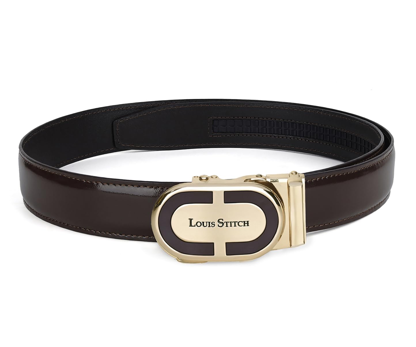 louis stitch Premium VT Leather Men's Auto Lock Belt | No Holes Belts with Golden Buckle for Men | Leather Belt for Gents (LSBE-SY-ALBB-GD)-picture-17