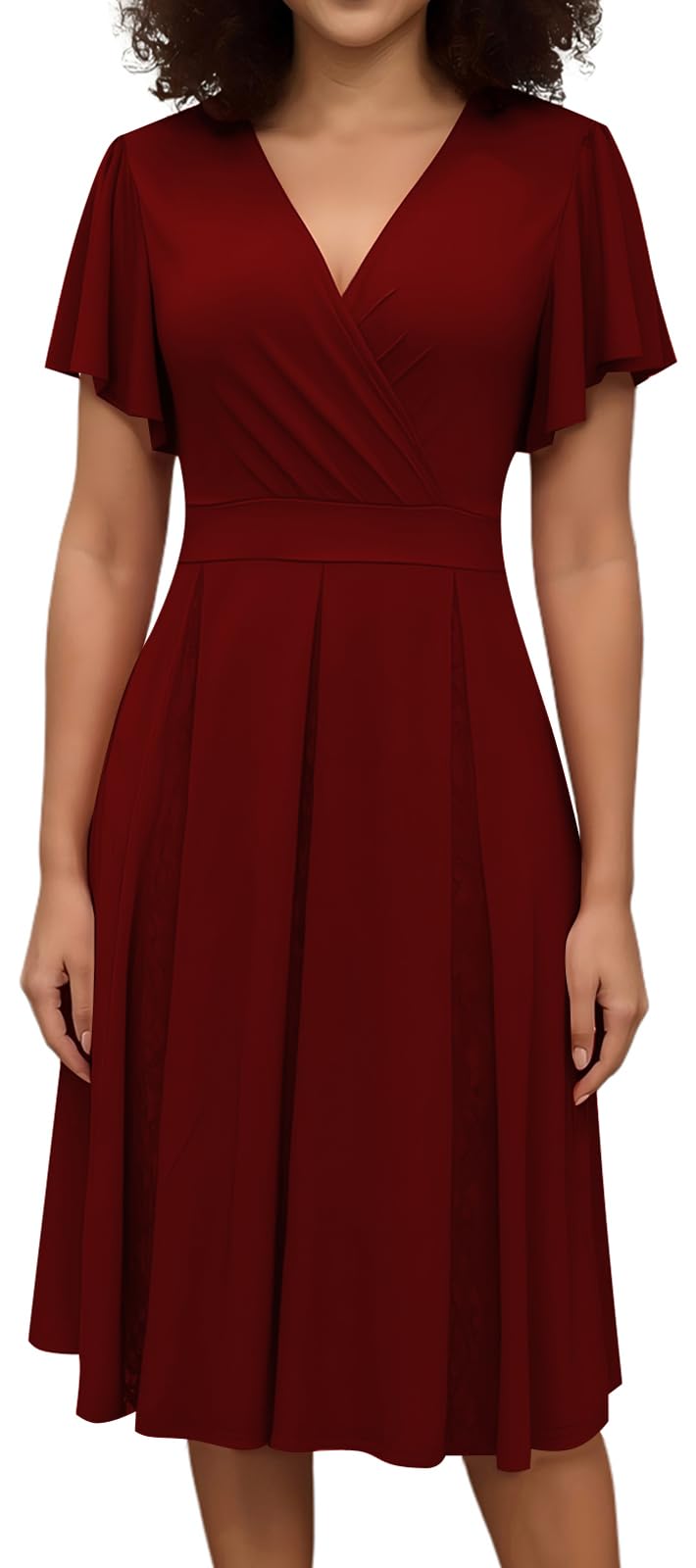 Womens Burgundy Cocktail Prom Dresses 2025 Summer Sexy V Neck Lace Maternity Clothes Formal Wrap Wedding Guest Bridesmaid Midi Dress,XX-Large