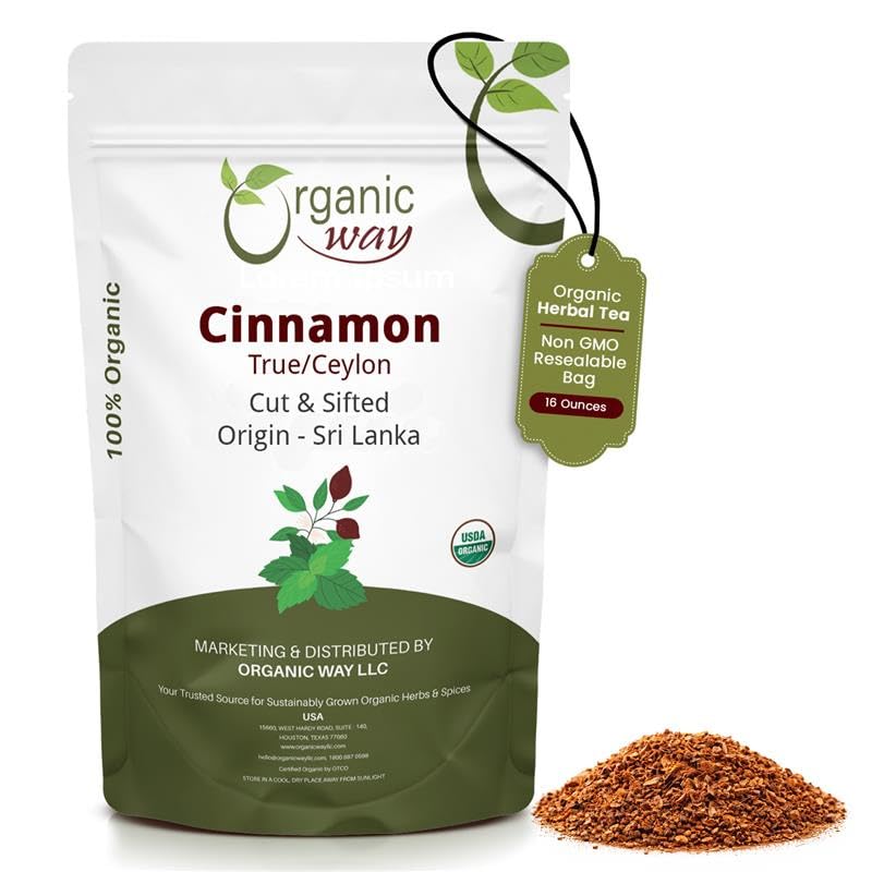 Organic Way Premium True Ceylon Cinnamon Cut & Sifted (Cinnamomum verum) - Adds Flavour | Organic & Kosher Certified | Raw, Non GMO & Gluten Free | USDA Certified | Origin - Sri Lanka (1 LBS / 16OZ)