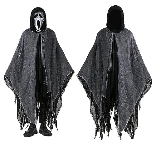 Hionion Adult Halloween Medieval Vampire Hooded Loose Role Play Mesh Cape Black (black)