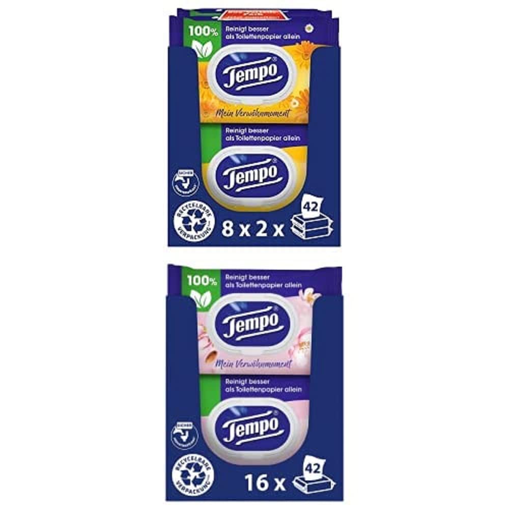 Bundle aus Tempo Feuchte Toilettentücher Mein Verwöhnmoment Calendula (16 Stück) und Tempo Feuchte Toilettentücher Mandelmilch & Panthenol (16 Stück)