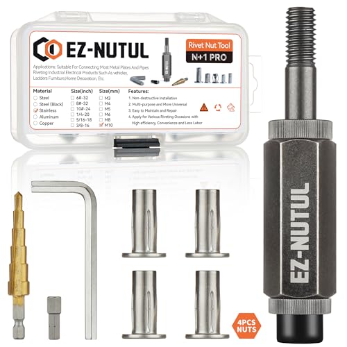 Multi-Grip Rivet Nut Installation Tool Set Pre-Bulbed Shank Flat Head Threaded Insert Nut Plus Nuts Assortment Kit Cross Rivnut for Construction Industrial (M10(Plus Nut Tool-4pcs, Stainless))