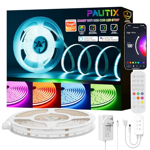 PAUTIX LED Strip Light RGB 10M Colour Changing COB Light Strips DC24V Work with Alexa/Google Assistant/Tuya Multicolour Dimmable Flexible Tape Light,for TV,Bedroom,Party DIY Decoration