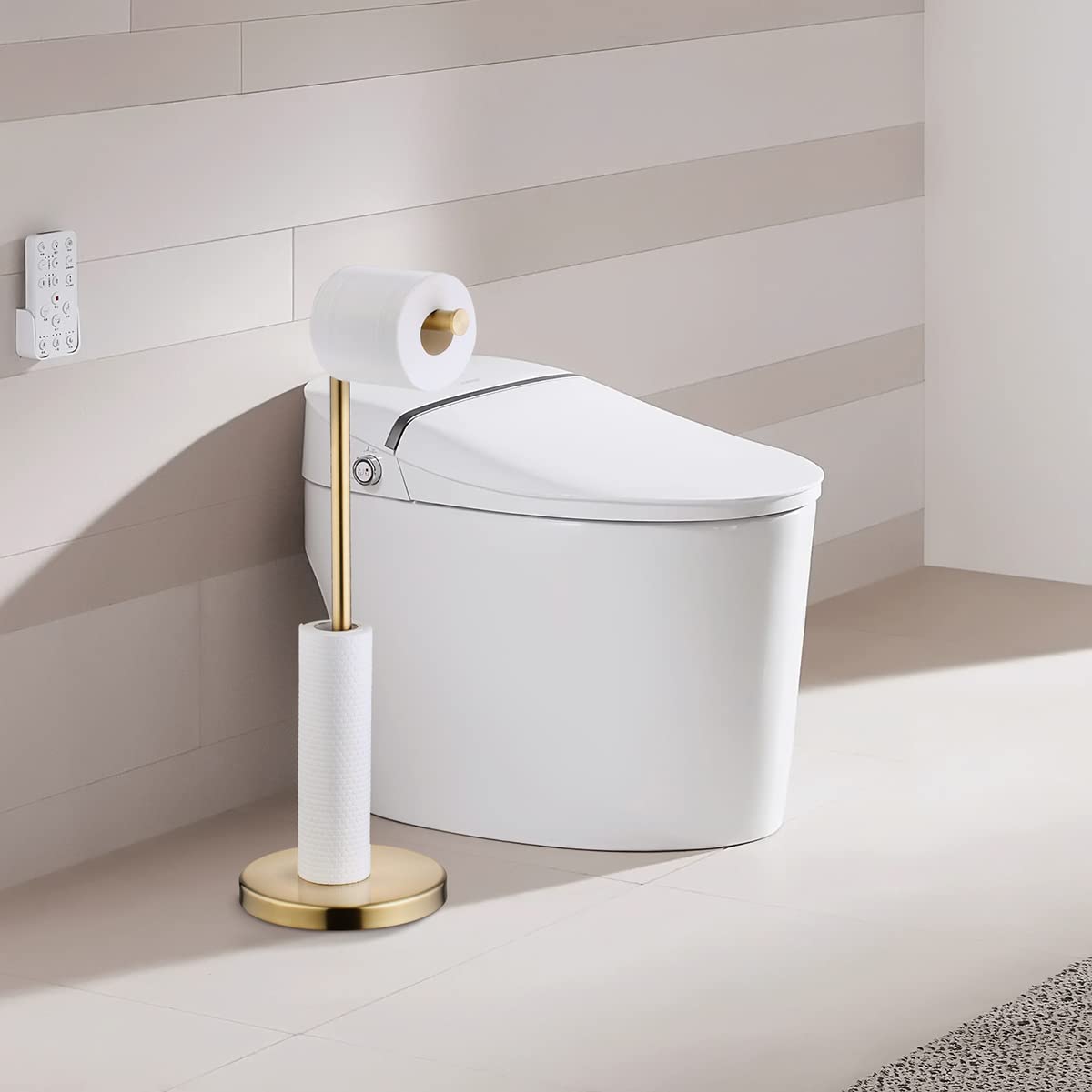 Soporte para Papel higiénico Dorado con Reserva, Soporte Independiente para Rollo de Papel higiénico, Moderno Acabado en Oro Cepillado, Acero Inoxidable Sus 304, Beelee BA7782BG