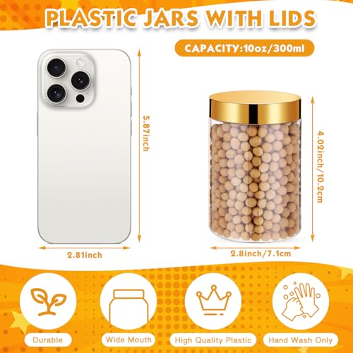Image of Patelai 4 Pcs Plastic Jars Wide Mouth with Lids,10 Ounce,Gold | Travel Size for Creams Oils, Clear Round Storage Cosmetics Containers, Leak Proof Screw on Lids for Makeup Beauty DIY