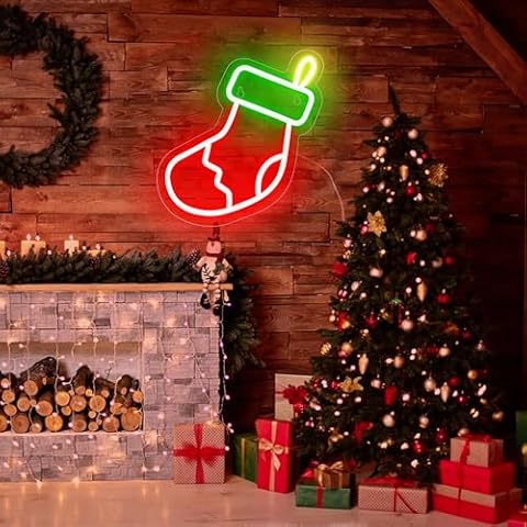HancraStore Christmas Sock Neon Sign - Red & Green Xmas Sock Neon Lights for Bedroom,Wall Decor - Sock Led Christmas Lights for Room Decor - Dimmable Led Signs for Christmas Decorations Cover
