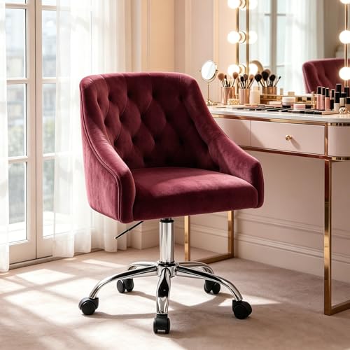 MOJAY Velvet Office Swivel Chair, Vanity Fabric Desk Pretty Fancy Gold Office Chairs for Girls, 360°Swivel Height Adjustable Reception Chair (Burgundy)