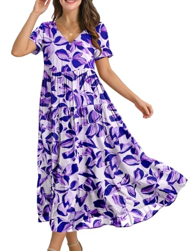 Image of YESNO Women's Summer Maxi Dresses Casual Floral Short Sleeve V Neck Boho Beach Vacation Swing Dress with Pockets EVF