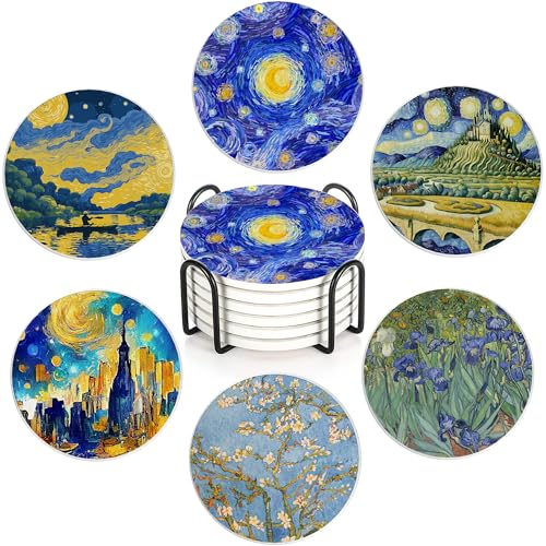 Sottobicchieri in ceramica con supporto, in stile Van Gogh, per tavoli, con retro in sughero, per caffè/vino, accessori da cucina e ufficio