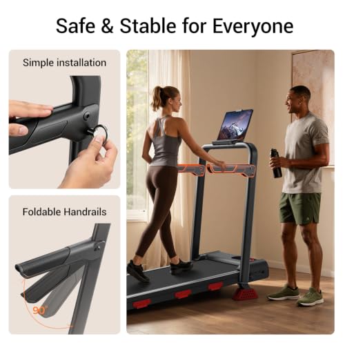 LONTEK walking pad with incline showing a woman walking with handrail support, alongside close-ups of the handrail installation and 90-degree folding mechanism.