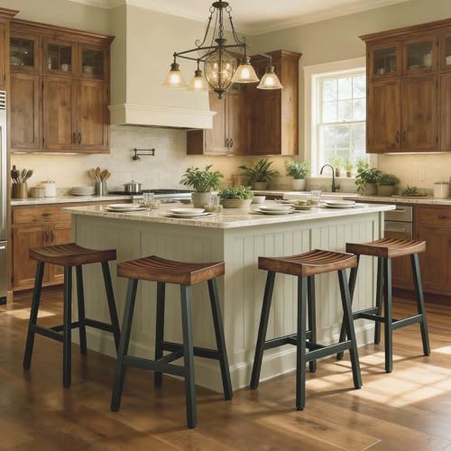 JUBILOOM 4-Pack 25' Industrial Bar Stools – Backless Counter Stools with Rustic Brown Wood Seat & Black Metal Frame for Farmhouse Kitchen Island, Bar