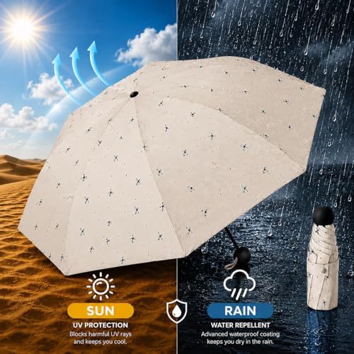 Image of Mini Umbrella with Case for Men & Women (Manual Open) Compact Travelling Pocket Umbrella, Polyester & UV Protect Fabric for Summer /Anti-Slip Handle- Use in Rain & Summer (Beige-Print)