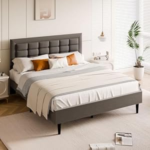 SUNLEI Bed Frame with Square Stitched Button Tufted Headboard, Queen Upholstered Platform Bed with 12″ Storage Space & Linen Fabric, Solid Wood Slats Support, No Box Spring Needed, Grey